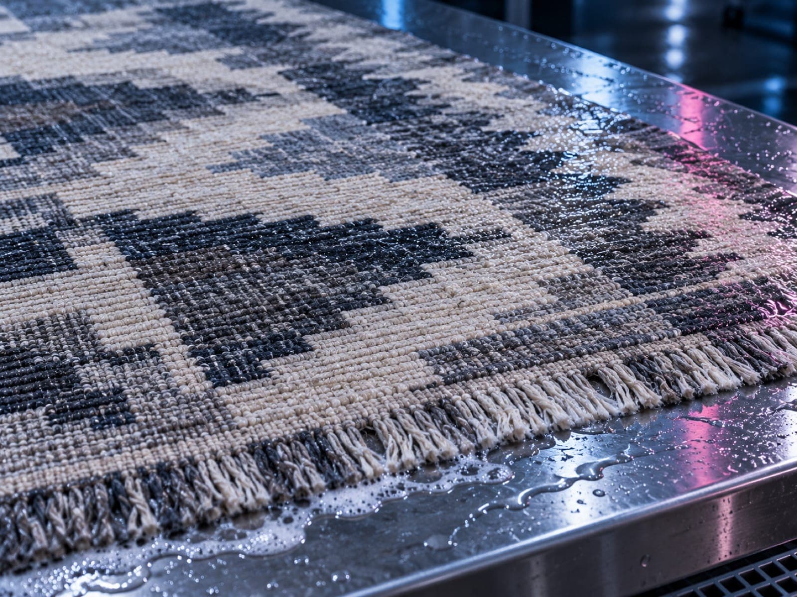 Islak çelik yüzeyde geometrik desenli kilim
