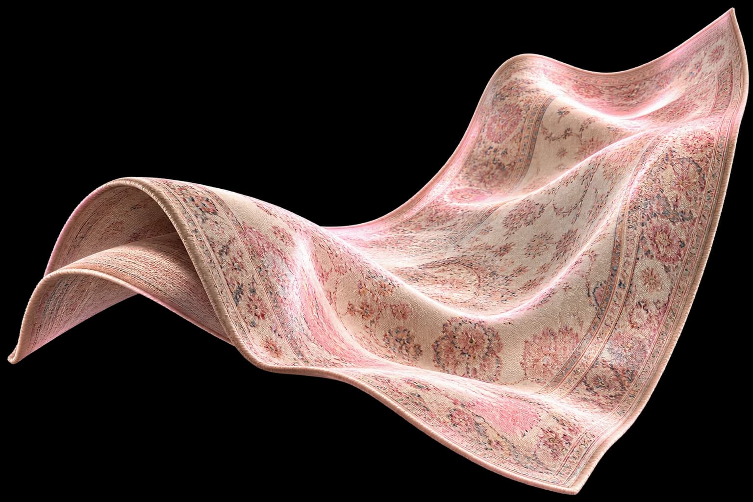Havada dalgalanan, ışığı yansıtan pembe tonlu desenli halı